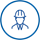 A blue circle featuring a man wearing a hat